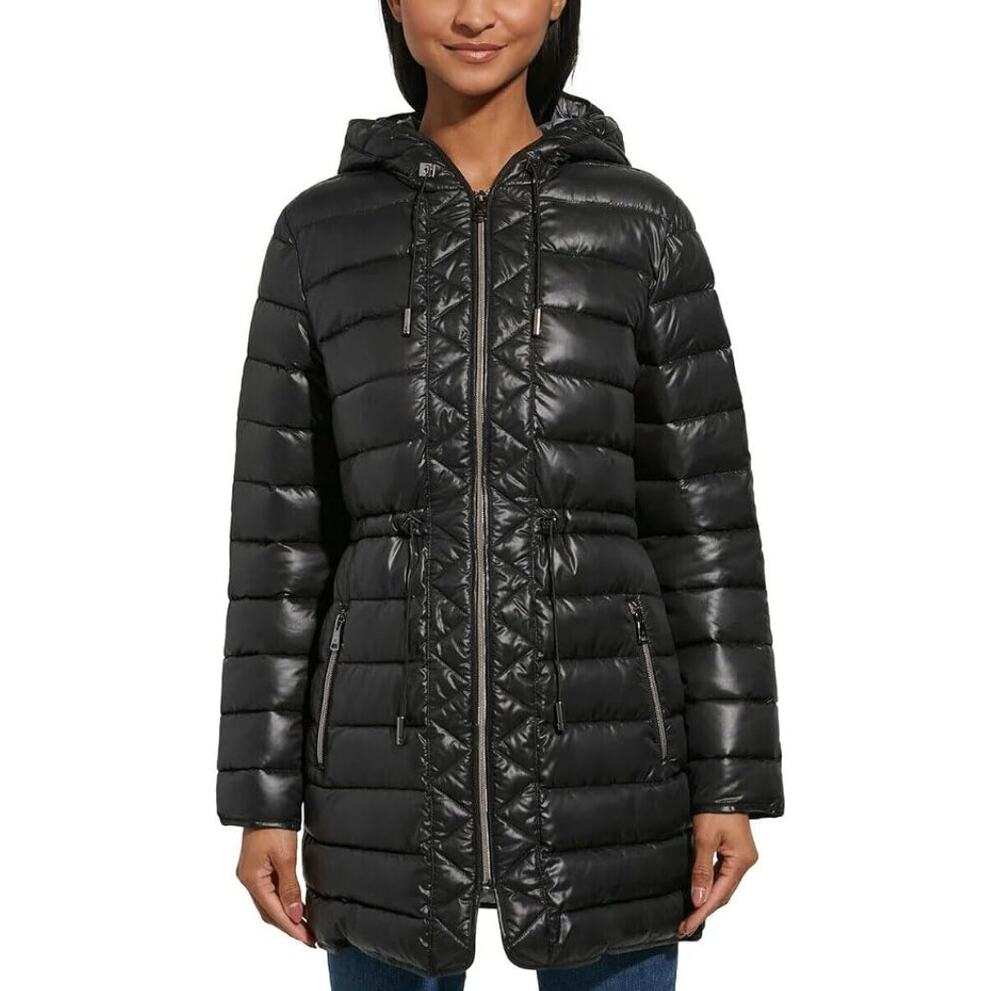 Kenneth Cole Black Hooded Quilted Long Puffer Jacket Coat Winter Zip Up Size S